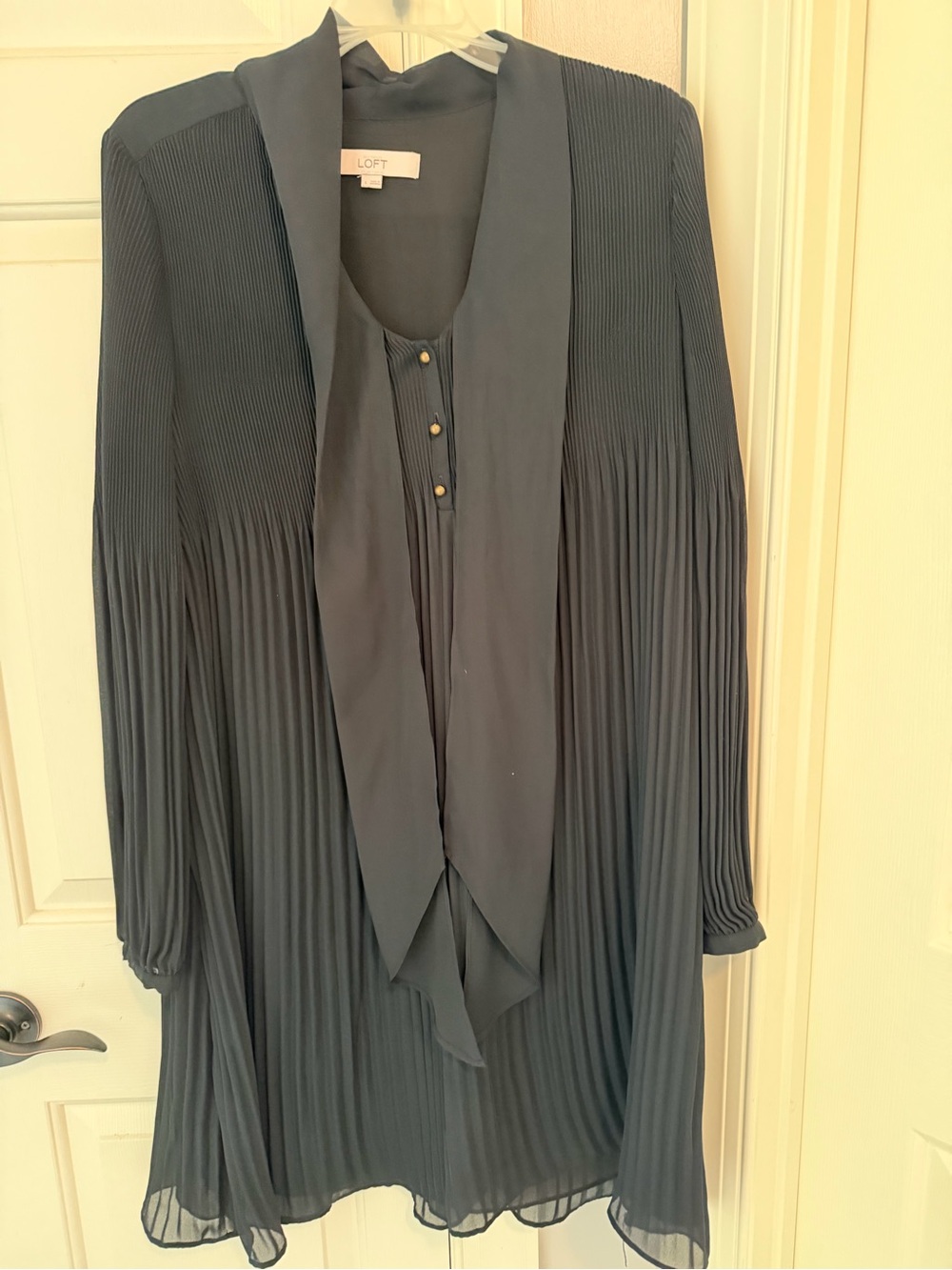 LOFT Slate-Blue Pleated Tie-Neck Blouse Dress